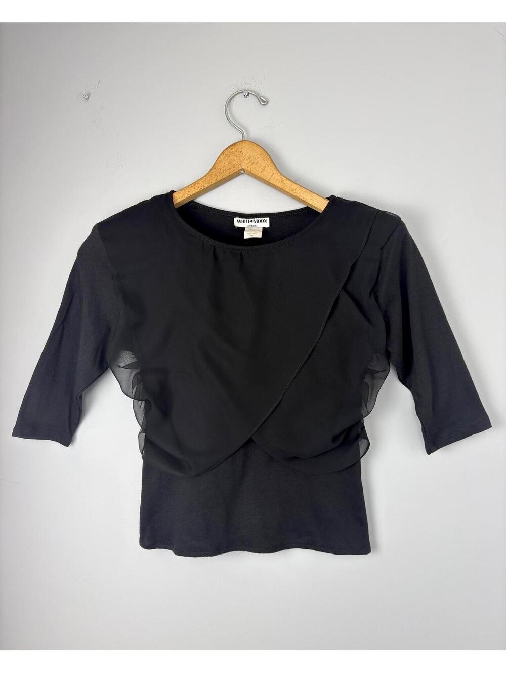 Vintage 80s 90s Black Chiffon Overlay Half Sleeve Jersey Top Small Made in USA